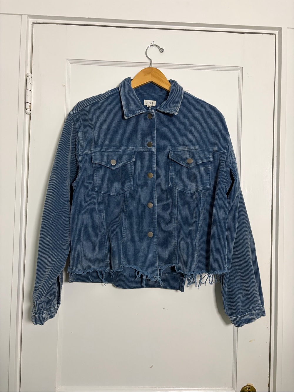 POL Distressed Corduroy Jean Jacket in Blue